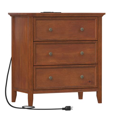 IKENO Nightstand With 3 Drawers And Charging Station Solid Wood