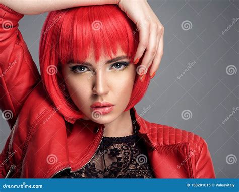 Beautiful Woman With Bright Red Bob Hairstyle Fashion Model Sensual