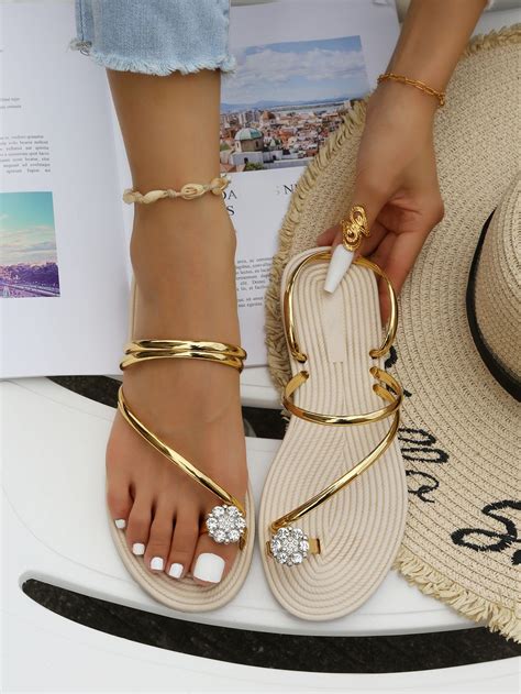 Metallic Rhinestone Decor Thong Sandals Stylish Sandals Pretty