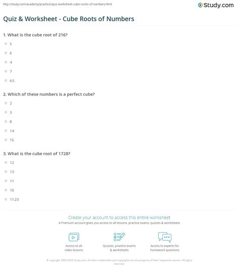 Quiz And Worksheet Cube Roots Of Numbers