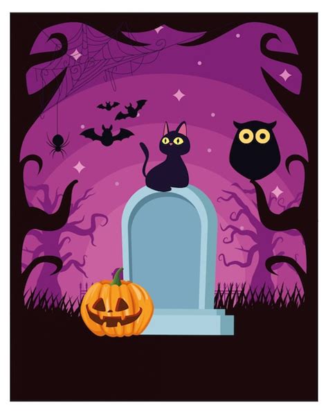 Escena Oscura De Halloween Con Calabaza Y Cementerio Vector Premium