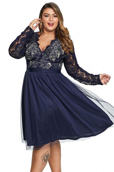 Blue Scalloped Neck Lace Tulle Plus Size Midi Dress Midi Dress Plus