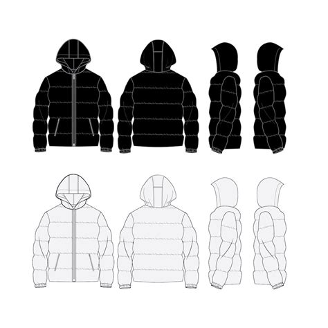 Puffer Jacket Editable Fashion Flat Templates Technical Drawings