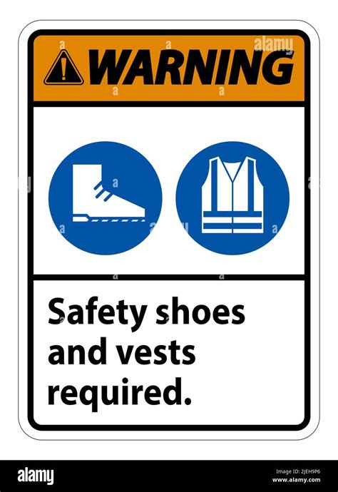 Warning Sign Safety Shoes And Vest Required With Ppe Symbols On White Background Stock Vector