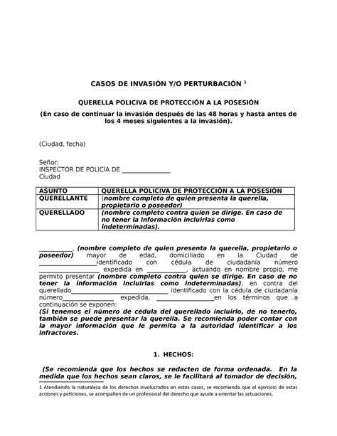 Formato Querella CASOS DE INVASIÓN Y O PERTURBACIÓN 1 QUERELLA