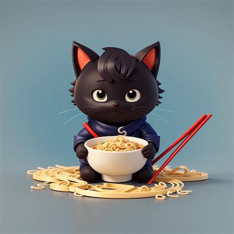 El Lindo Ninja Gato Comiendo Fideos De Ramen Icona De Dibujos Animados