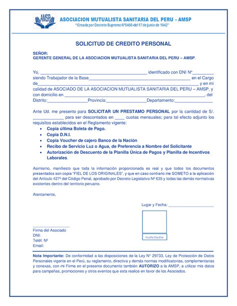 1 Formato Solicitud De Prestamo De Consumo Amsp 2021 2 Solicitud De Credito Personal SeÑor