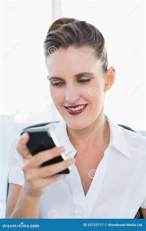 Close Up View On Smiling Businesswoman Using Smartphone Stock Image