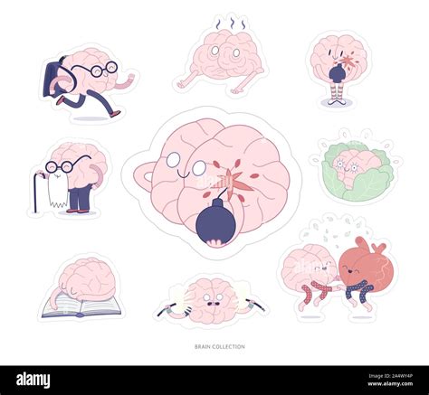 Brain Stickers Education And Stress Printable Set Cartoon Vector