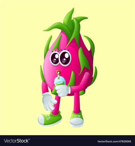 Cute Dragon Fruit Character Drinking A Green Vector Image