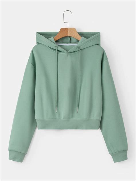 Solid Drawstring Crop Thermal Lined Hoodie Green Hoodie Outfit Stylish Hoodies Cropped Hoodie