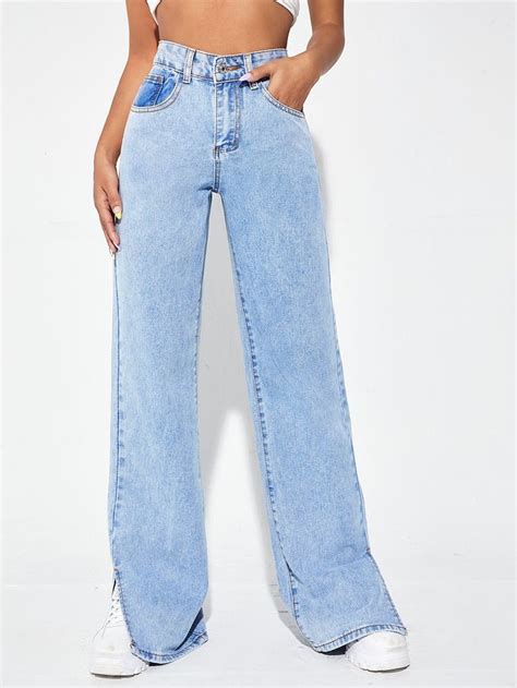 Zipper Fly Ripped Detail Split Hem Wide Leg Jeans Ripped Denim Really Cute Outfits Wide Leg