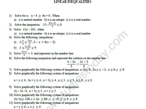 Class 11 Linear Inequalities Printable Worksheets Pdf