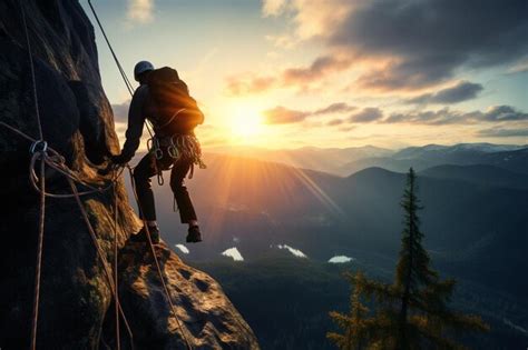 Premium Photo | A mountaineer is climbing a mountain at sunset