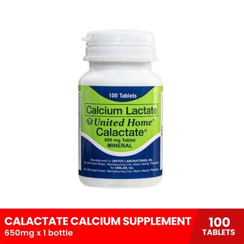 UNITED HOME CALACTATE Calcium Supplement 650mg X 1 Bottle 100 Tablets