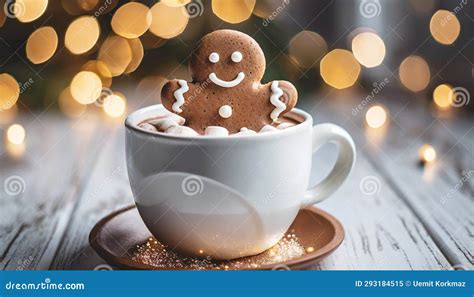 A Cute Gingerbread Man Sits In A Cup Of Hot Cocoa In A Christmas