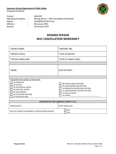 Fillable Online Frm 020 Missing Person Cancellation Form Fax Email Print Pdffiller