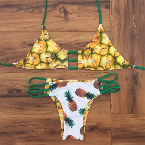 2018 Womens Reversible Bikinis Set Pineapple Print Brazilian Bikini