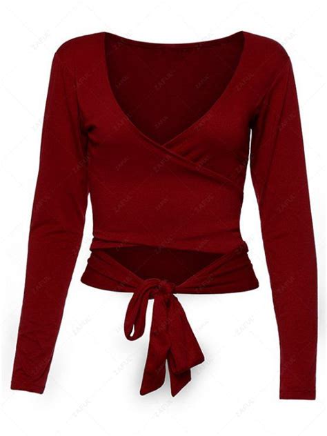 [31 Off] 2021 Long Sleeve Wrap Front Criss Cross Crop Top In Burgundy