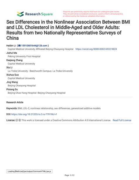 Pdf Sex Differences In The Nonlinear Association Between Bmi And Ldl