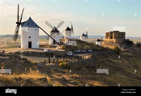 Typical old white Spanish windmills (Molinos appearing in Don Quijote ...