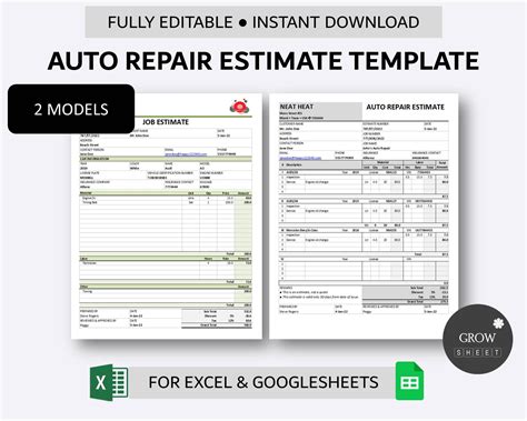 Printable Auto Repair Estimate Template For Excel And Google Sheets