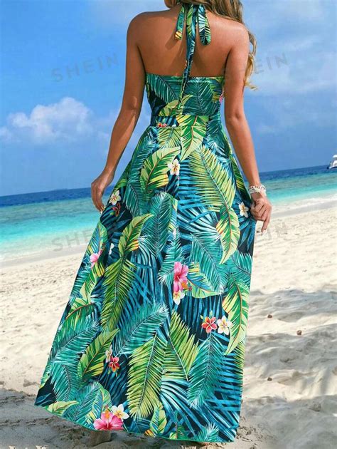 Shein Vcay Womens Tropical Plant Printed Halter Neck Tie Waist Dress