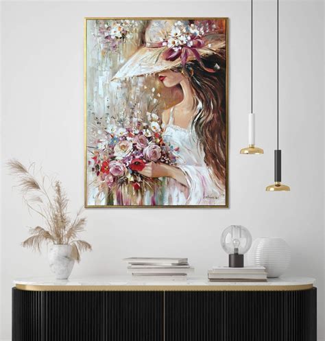 Pretty Woman With Flowers Painting Flower Girl Paintings Of Etsy