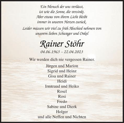 Traueranzeigen von Rainer Stöhr nordwest trauer de