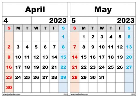 Free April May 2023 Calendar Printable