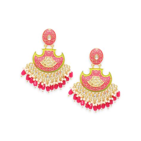 Buy Oomph Rani Pink Green Meenakari Kundan Ethnic Drop Chandbali