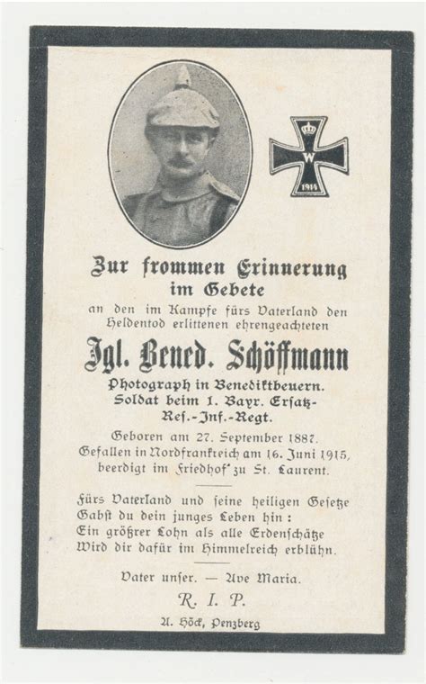 Sterbebild Benedikt Sch Ffmann Soldat Bayer Ers Res Inf Rgt