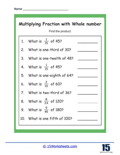 Multiplying Fractions With Whole Numbers Worksheets