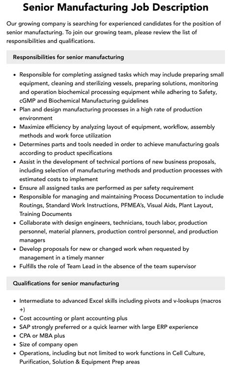 Senior Manufacturing Job Description Velvet Jobs