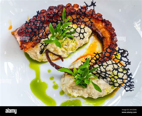 Grilled Octopus With Mash And Cuttlefish Ink Lace In A Plate At A