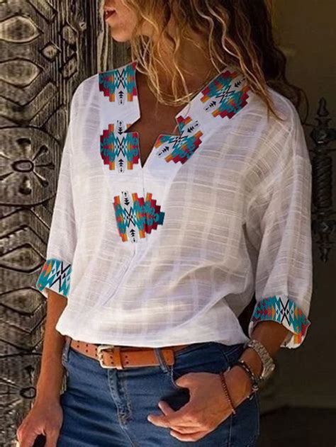 Aztec Print Casual 3 4 Sleeve V Neck Shirts And Tops In 2021 Casual