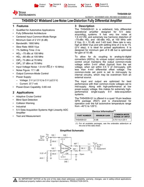 Ths4509 Q1 Wideband Low Noise Low Distortion Fully Differential