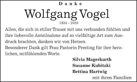 Traueranzeigen Von Wolfgang Vogel Trauer Anzeigen De