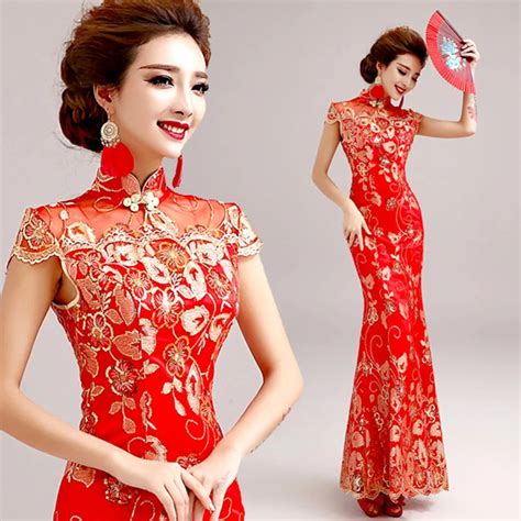 Moda La O Vermelho Vestido De Casamento Da Noiva Longo Cheongsam Qipao