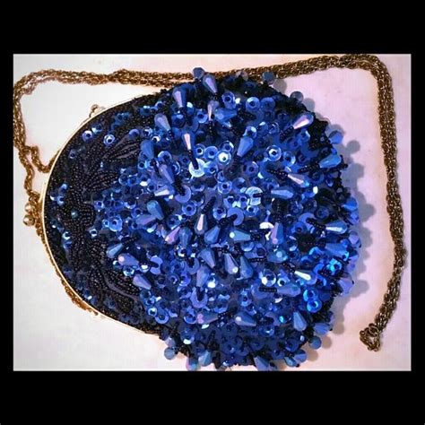 Blue Beaded Evening Bag Beaded Evening Bags Faux Fur Pom Pom
