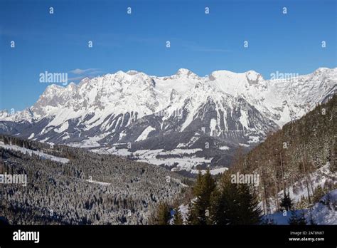 view from Schladming ski resort towards Dachstein glacier Stock Photo ...