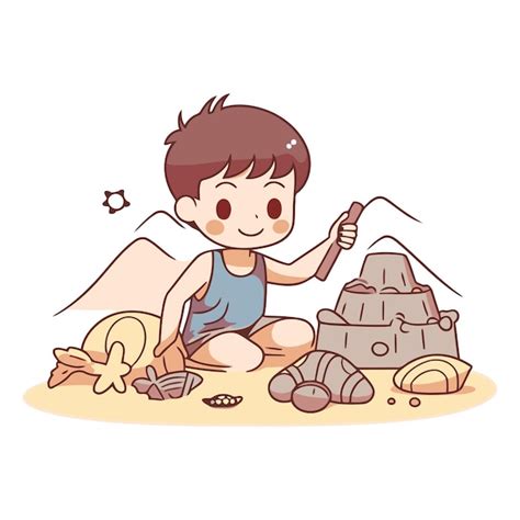 Premium Vector Little Boy Playing Sand Castle Cute Cartoon Character