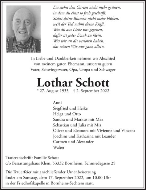 Traueranzeigen Von Lothar Schott WirTrauern