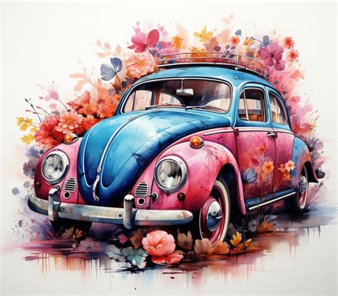 Premium Photo Painting Of A Blue And Pink Car With Flowers On The