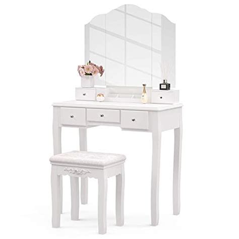 Mecor Vanity Set With Tri Folding Edgeless Mirror And 5 Drawers Makeup