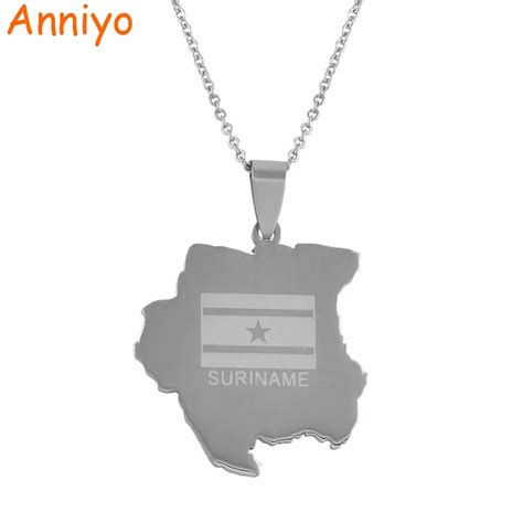 Anniyo Suriname Map Flag Necklaces Silver Color Stainless Steel Sranan