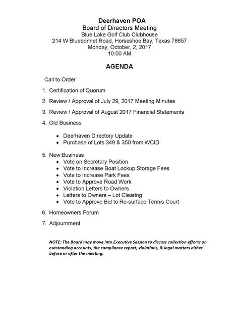 Free Deerhaven Poa Board Of Directors Meeting Agenda Special Meeting Agenda Template Sample