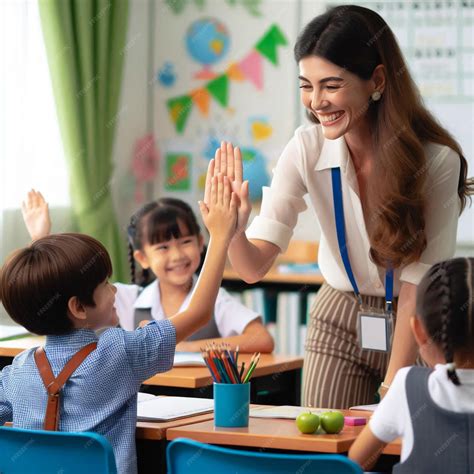 Premium Photo | Cheerful teacher giving high five to children in classroom at school