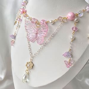 Pink Butterfly Beaded Necklace Fairycore Handmade Jewelry Twinkle