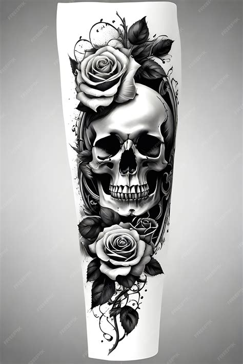 Premium Psd Skull With Roses Half Sleeve Tattoo Design